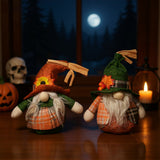2 pack faceless gnome dolls with orange and green hats, orange plaid clothing, white beards