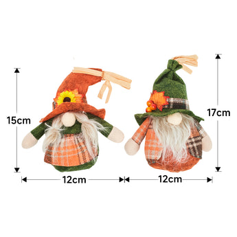2 pack faceless gnomes with sizes 15cm and 17cm, orange and green hats, plaid outfits
