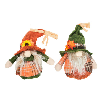 2 faceless gnome dolls side-by-side, orange and green hats, plaid outfits, white beards