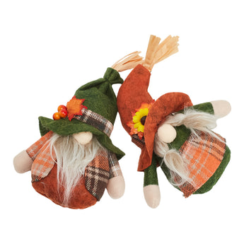 2 pack faceless gnomes shown from top angle, orange and green hats with felt beards