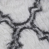 High-pile texture detail: white rug fibers with dark grey curved pattern lines