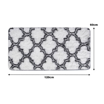 Rectangular plush area rug, gray geometric trellis on light background