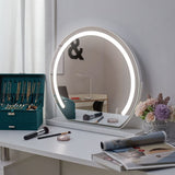 Round vanity mirror with LED glow around the frame and touchscreen icons