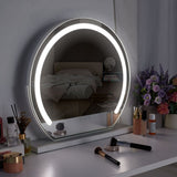 Round Hollywood vanity mirror with LED ring light and tabletop base
