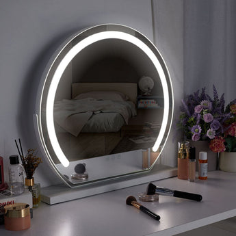Round Hollywood vanity mirror with LED ring light and tabletop base
