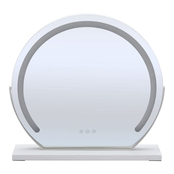 Front view of round LED Hollywood vanity mirror with curved light bar