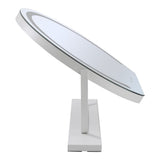 Side view of round LED Hollywood vanity mirror on stable tabletop stand
