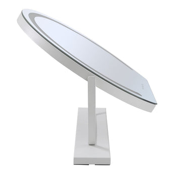 Side view of round LED Hollywood vanity mirror on stable tabletop stand