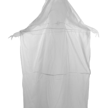 Back view of white inflatable ghost with hood and cape-like sheet