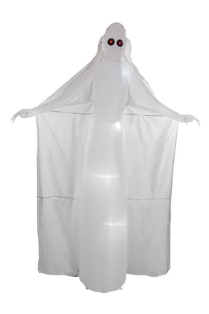 White inflatable ghost costume with red eyes and cape-like sheet