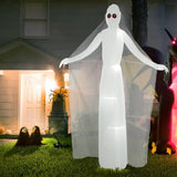 Inflatable white ghost decoration with red glowing eyes and outstretched arms
