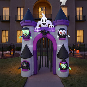 Aufblasbarer Halloween-Schlossbogen mit lila und grauem Design, leuchtendes Portal