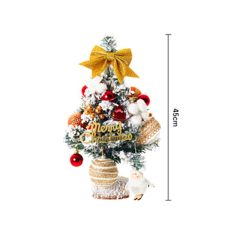 45cm tabletop Christmas tree with LED lights, gold bow, red and gold baubles, “Merry Christmas” sign