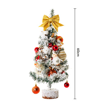 60cm tabletop Christmas tree with LED lights, gold bow, red and gold ornaments, white snow texture
