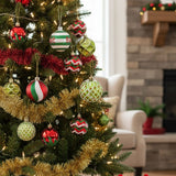 Christmas hanging ball ornaments in red, green, gold, and white stripe and lattice finishes