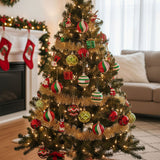 Christmas hanging ball ornaments set with red, green, gold, and striped designs