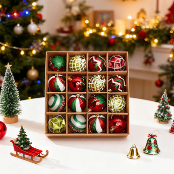 Christmas hanging ball ornament set in a display box with red, green, and gold balls
