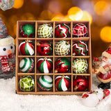 Box of Christmas hanging ball ornaments with red, green striped, gold, and white patterns