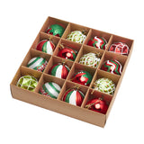 Set of 16 Christmas hanging ball ornaments in red, green, and white with gold hooks