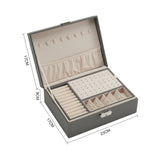 Lockable double-tier faux leather jewellery organizer with interior shown and size labels