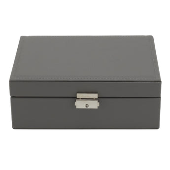 Dark grey faux leather jewellery organizer with lock and hinged lid