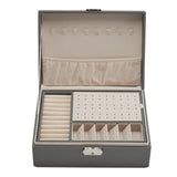 Open lockable jewellery box with necklace pegs, stud board, and divided storage