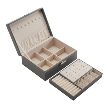 Open double-tier jewellery organizer with ring slots, necklace rests, and earring trays