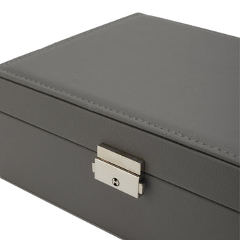 Lock clasp detail on dark grey faux leather jewellery organizer lid
