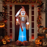 Lighted 10ft inflatable scarecrow reaper with scythe, front view, glowing blue.