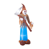 Inflatable scarecrow grim reaper figure holding a scythe, blue-lit lower body.