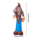 Size chart: inflatable scarecrow grim reaper with scythe, 28.9in x 73.5cm, blue glow.