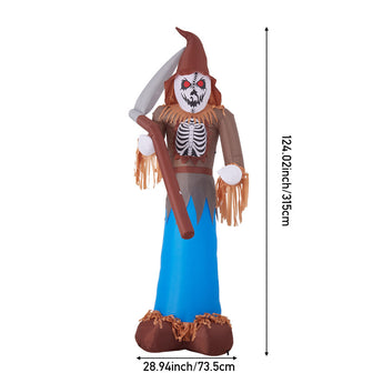 Size chart: inflatable scarecrow grim reaper with scythe, 28.9in x 73.5cm, blue glow.