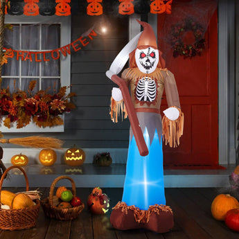 Lighted inflatable scarecrow grim reaper with scythe, glowing blue light from base.