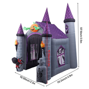 11ft inflatable haunted castle with LED pumpkin and labeled dimensions (110.2×90.6×113in)