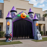 11ft inflatable haunted castle with purple towers and glowing jack-o'-lantern LED