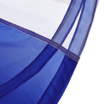 Blue mesh tunnel wall with netting and stitched seam detail