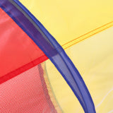 Yellow/red mesh play tunnel corner with blue border and netting