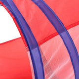 Kids pop-up play tunnel with red mesh panel and blue fabric edges