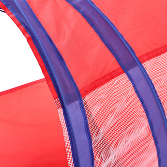 Kids pop-up play tunnel with red mesh panel and blue fabric edges