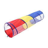 Kids pop-up crawl tunnel, red/yellow/blue fabric with see-through mesh sections