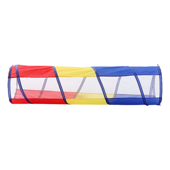 Multicoloured play tunnel laid flat view, blue support arches and mesh windows