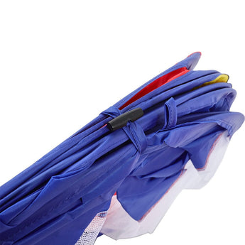 Pop-up play tunnel carry strap and folded blue fabric with red trim