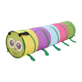 Multicoloured kids caterpillar crawl tunnel with face, green legs and pop-up frame
