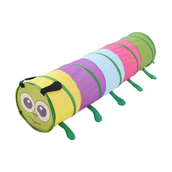 Kids caterpillar crawl tunnel, striped tube with face and green legs at one end