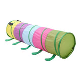 Striped caterpillar crawl tunnel with green end cap and legs, multicoloured panels