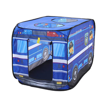 Foldable police truck playhouse tent with mesh door opening on a blue design