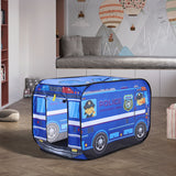 Police truck kids playhouse tent with open entrance door and side window panels