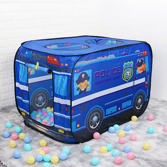 Blue police truck play tent with front and side prints, mesh front opening