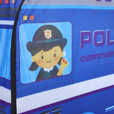 Police truck play tent close-up of smiling police character face graphic