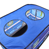 Blue police truck play tent top with oval mesh window openings and printed graphics